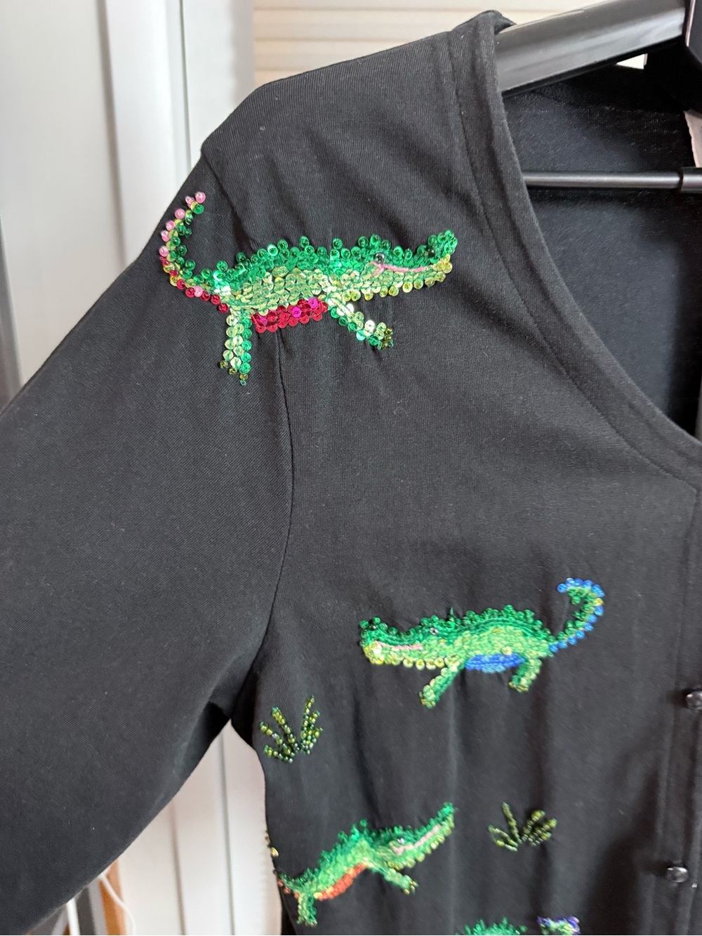VTG Y2K black Emma Tricot cardigan sequin alligators beaded grass button up L - Picture 3 of 10